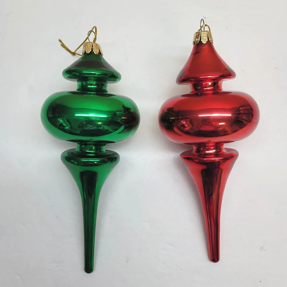 Vintage 1995 Santa's Best European Style Glass Ornaments Red Green Set of 2